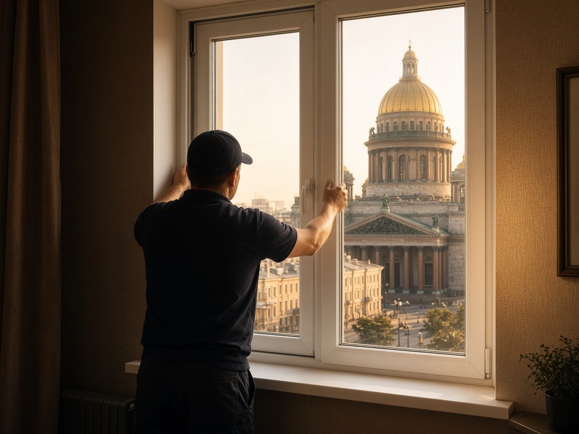 Монтажник устанавливает окно в квартире