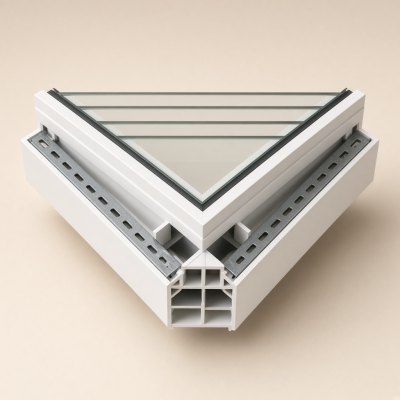 Разрез профиля REHAU: угловой образец со стеклопакетом